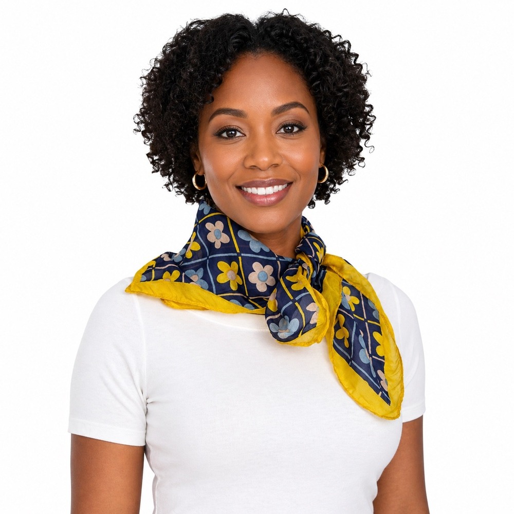 Sanfred Silk Scarf Blue Yellow Floral Daisy Grid Square Neckerchief Indie 105-32